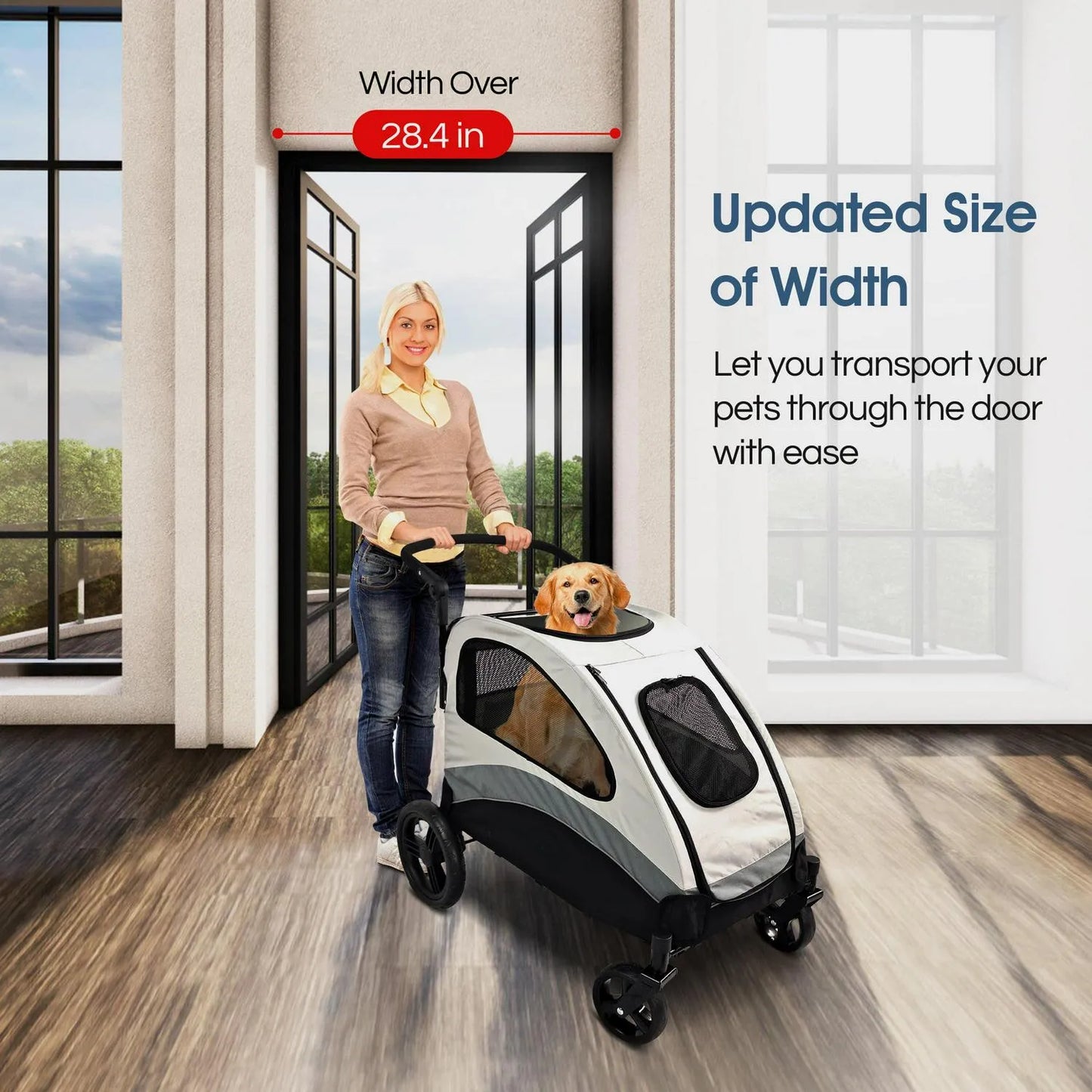 Foldable Pet Stroller For Large Or 2 Dogs Cats Jogger Wagon With 4 Wheels