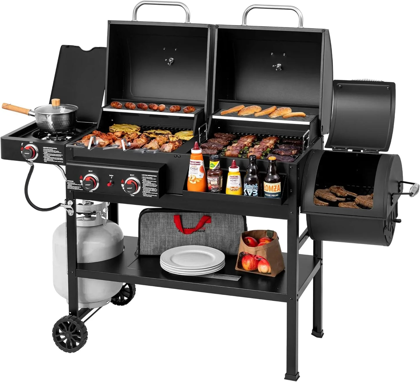 2-Burner Gas And Charcoal Grill Combo With Offset Smoker And Side Burner, 34,000 BTU Dual