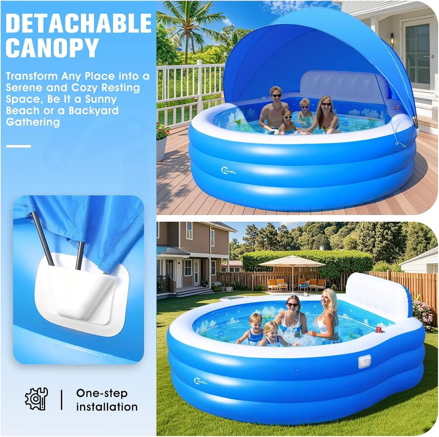 Upgraded Inflatable Pool With Canopy, Inflatable Family Lounge Pool, Round Blow Up Pool For Adult With Bench And Backrest