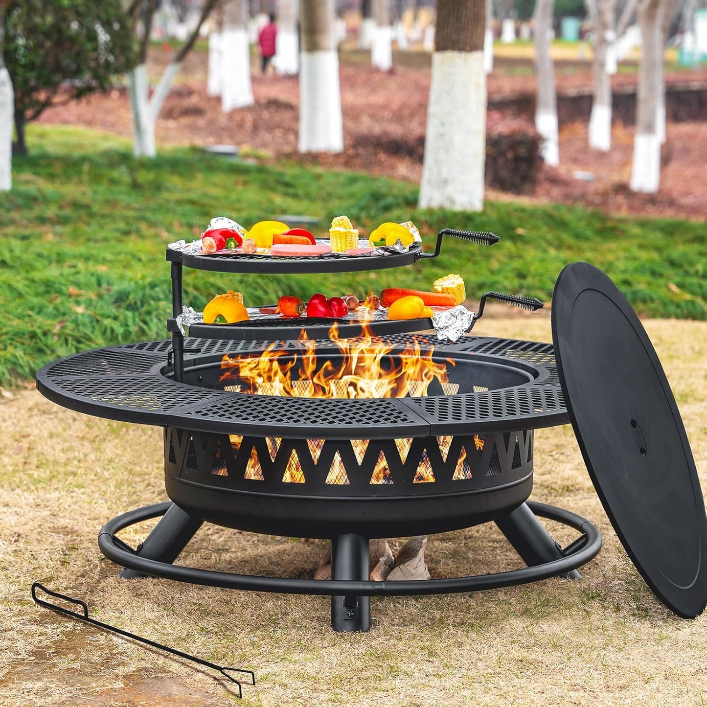47 In. Fire Pit With 2 Grills, Outdoor Extra Large Firepits For Outside, Wood Burning Fireplace For Camping, Picnic, Bonfire