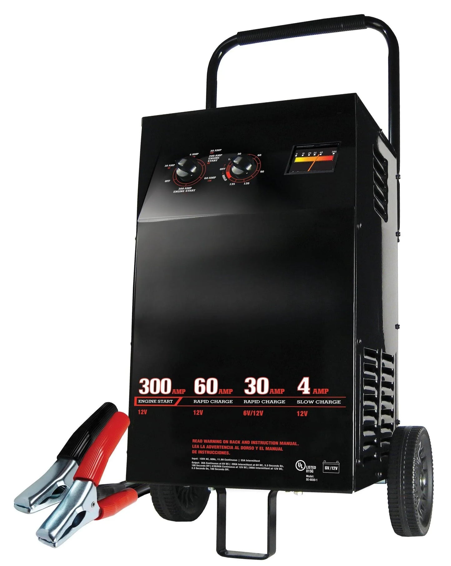 Electric Wheeled Battery Charger And Engine Starter, 2-in-1, Manual Timer Control, 300 Crank Amps, 6 Volts, 12 Volts, For Car, SUV
