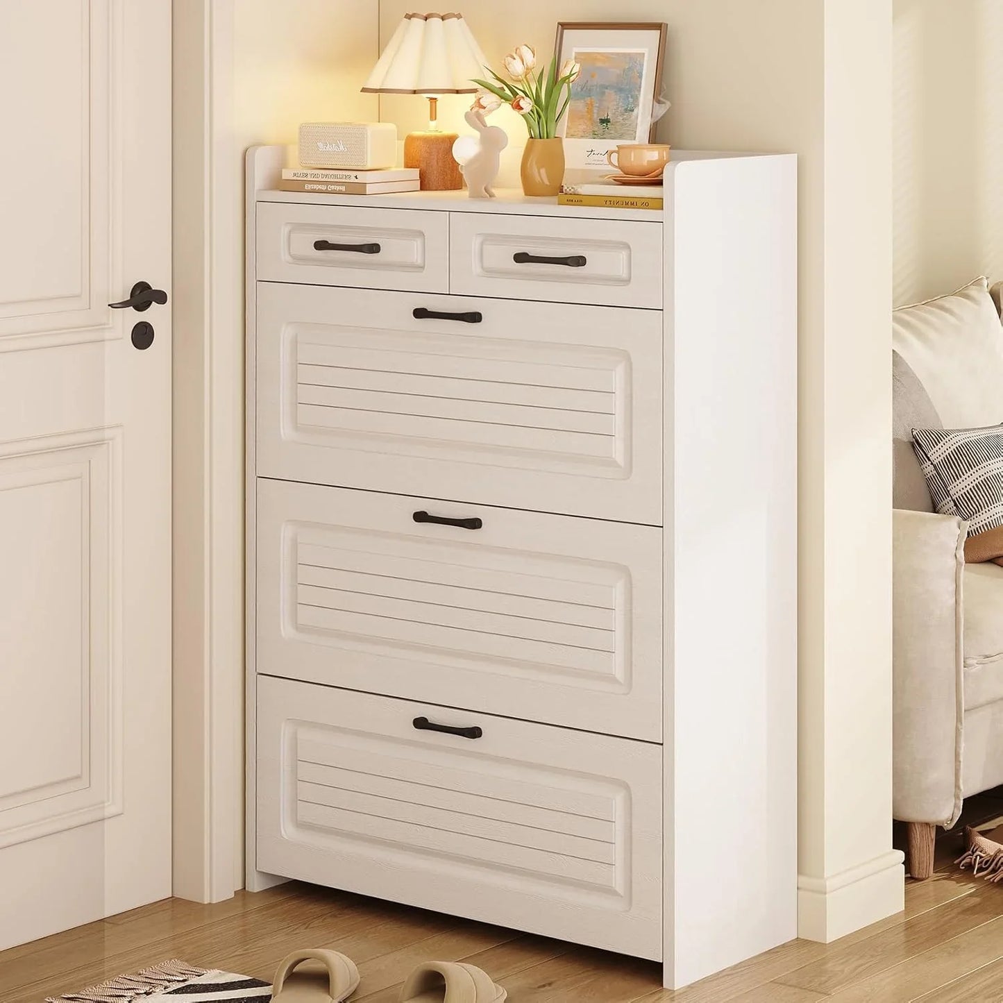 Shoe Cabinet With 3 Large Flip Drawers And 2 Storage Drawers, Narrow Shoe Organizer Cabinet Fits
