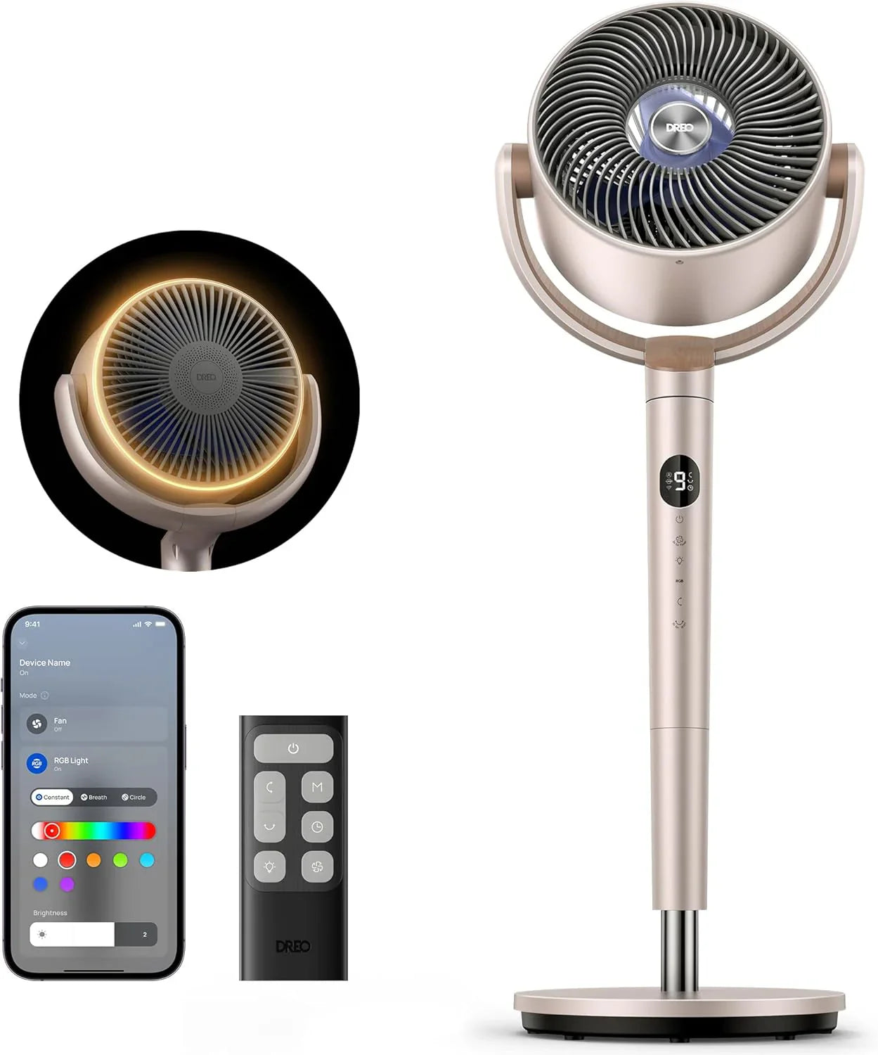 Dreo Smart Fan For Bedroom, 120掳 Plus 120掳 Omni-Directional Oscillating Fans, 100 Ft. Quiet Pedestal Fan With Rgb Light, 9 Speeds, 6 Modes, 20dB