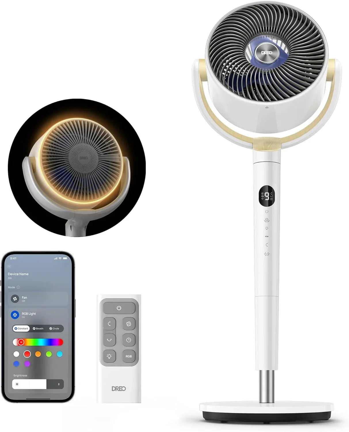 Dreo Smart Fan For Bedroom, 120掳 Plus 120掳 Omni-Directional Oscillating Fans, 100 Ft. Quiet Pedestal Fan With Rgb Light, 9 Speeds, 6 Modes, 20dB