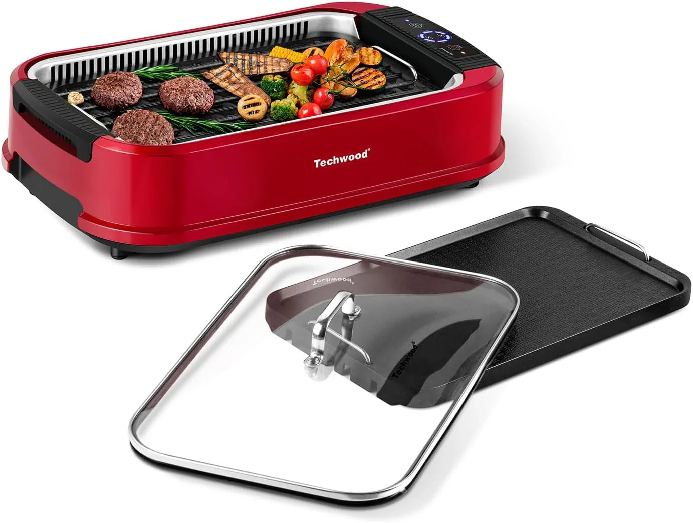 Indoor Grill, Techwood 1500W Smokeless Electric Grill With Tempered Glass Lid, Compact And Portable Non-Stick Bbq Grill With 6-Level Control