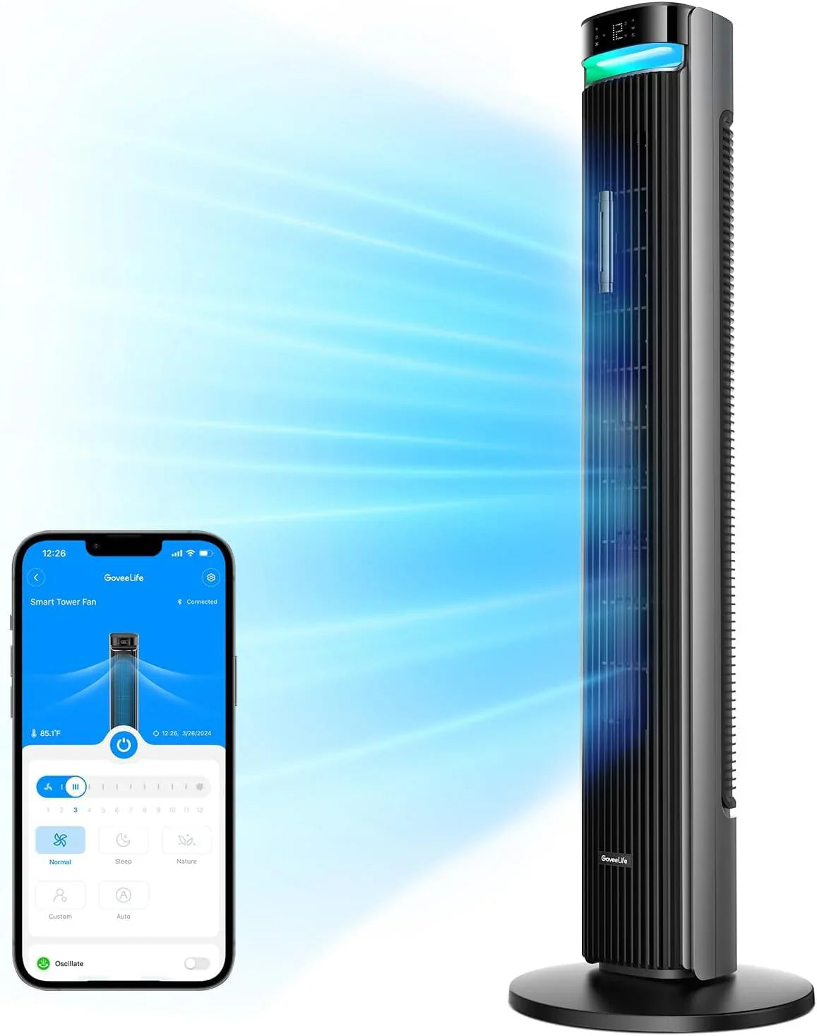 GoveeLife 42 In. Tower Fan For Bedroom, Smart Floor Fans With 150掳 Adjustable Oscillating, App And Voice Control