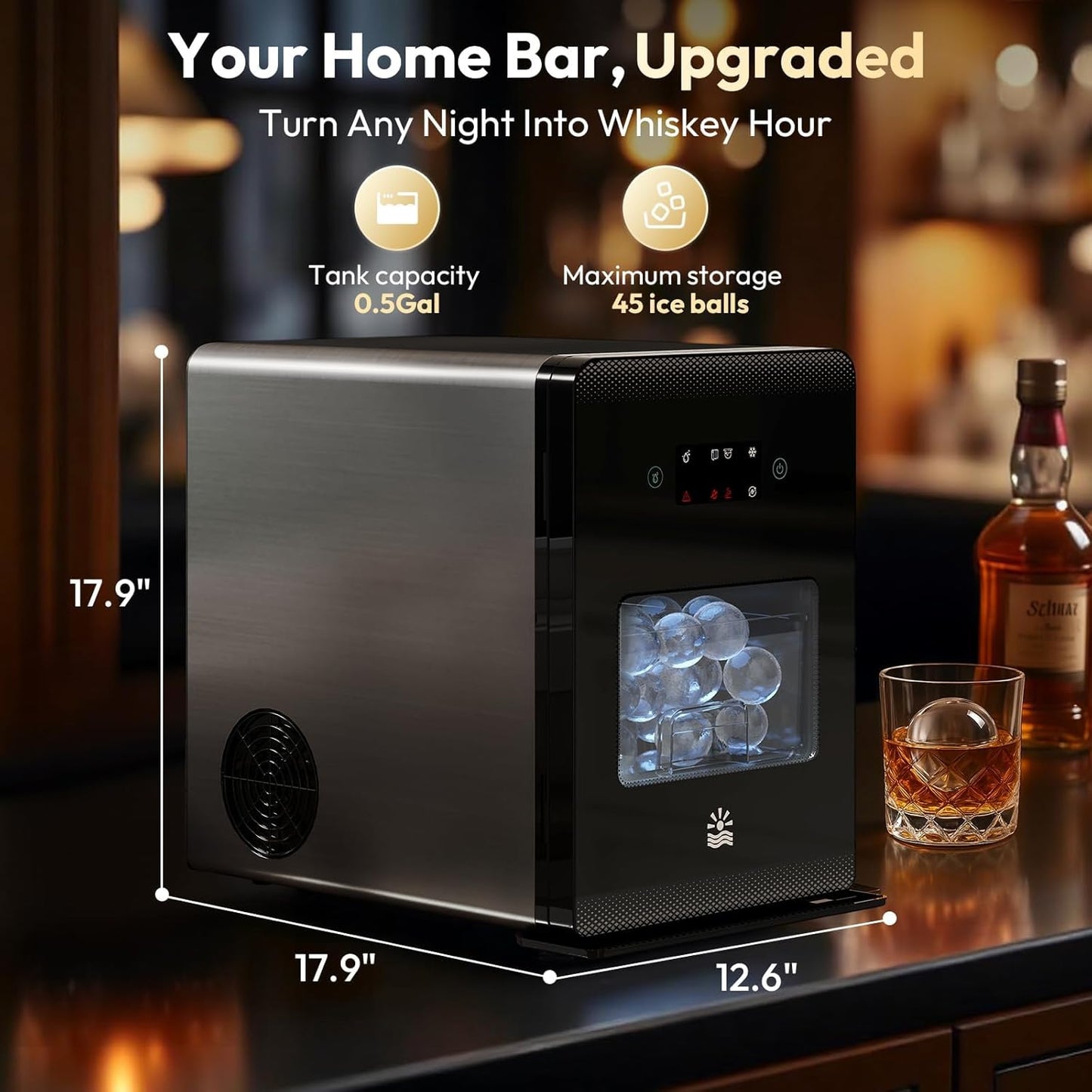 Clear Ice Ball Maker 2 In. 4 Spheres 144/Day LCD Self-Cleaning