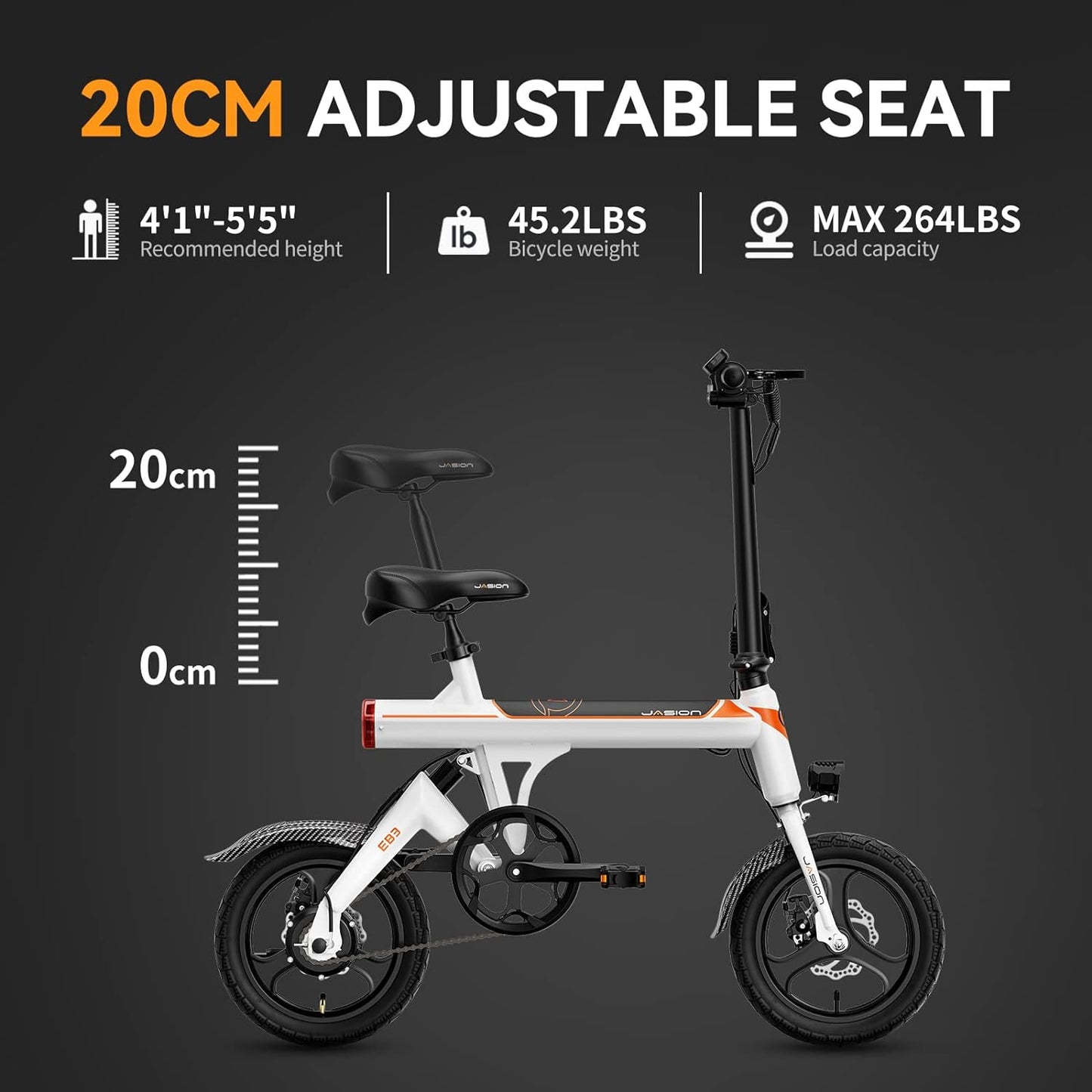 Jasion EB3 Electric Bike Adults 21mph, 500W Peak Motor, 270Wh Battery, Rear Suspension, 3 Levels Assist