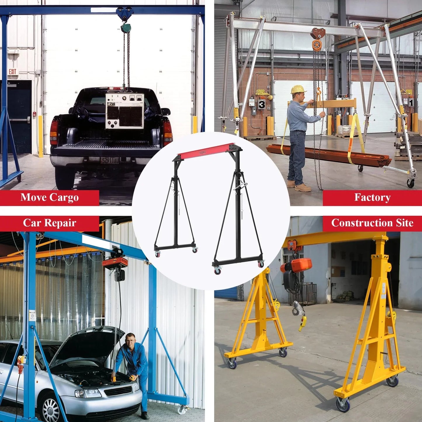 1 Ton Adjustable Gantry Crane, 2200 Lbs Capacity, Height Adjustable 96.5 In.-143.7 In, Portable Hoist For Factory, Construction, Warehouse