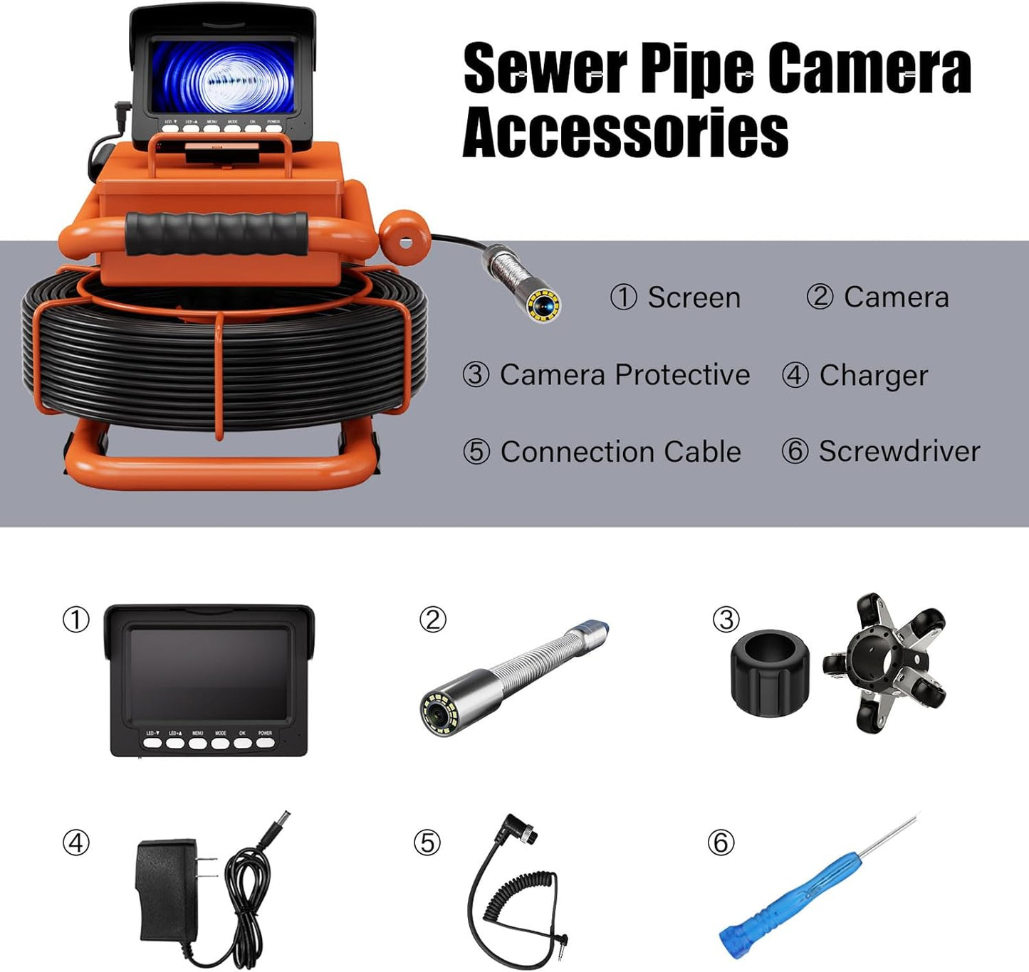 Sewer Inspection Camera, 100 Ft., DVR, Audio, 4.3 In. Screen