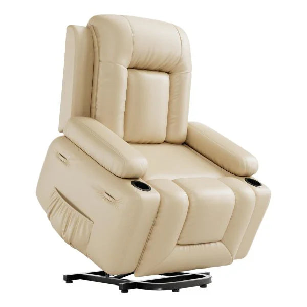 PU Leather Power Lift Recliner Chair With Massage And Heat, Adjustable Furniture For Back, Legs W/3 Positions, USB Port, Side Pocket, Beige