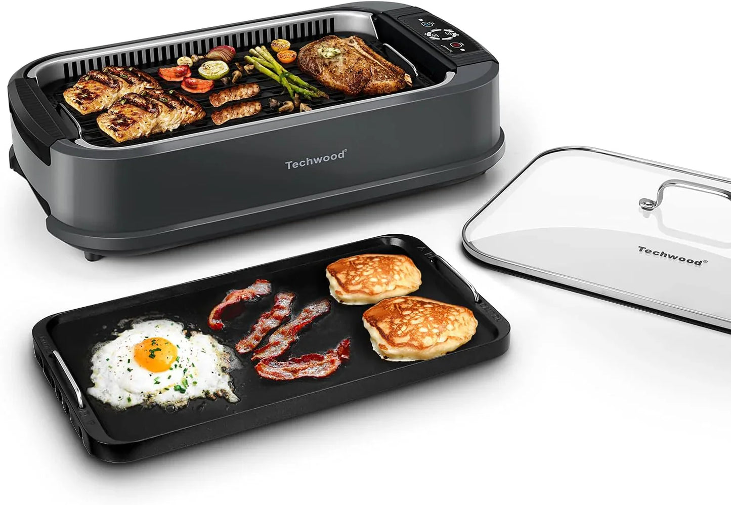 Indoor Grill, Techwood 1500W Smokeless Electric Grill With Tempered Glass Lid, Compact And Portable Non-Stick Bbq Grill With 6-Level Control