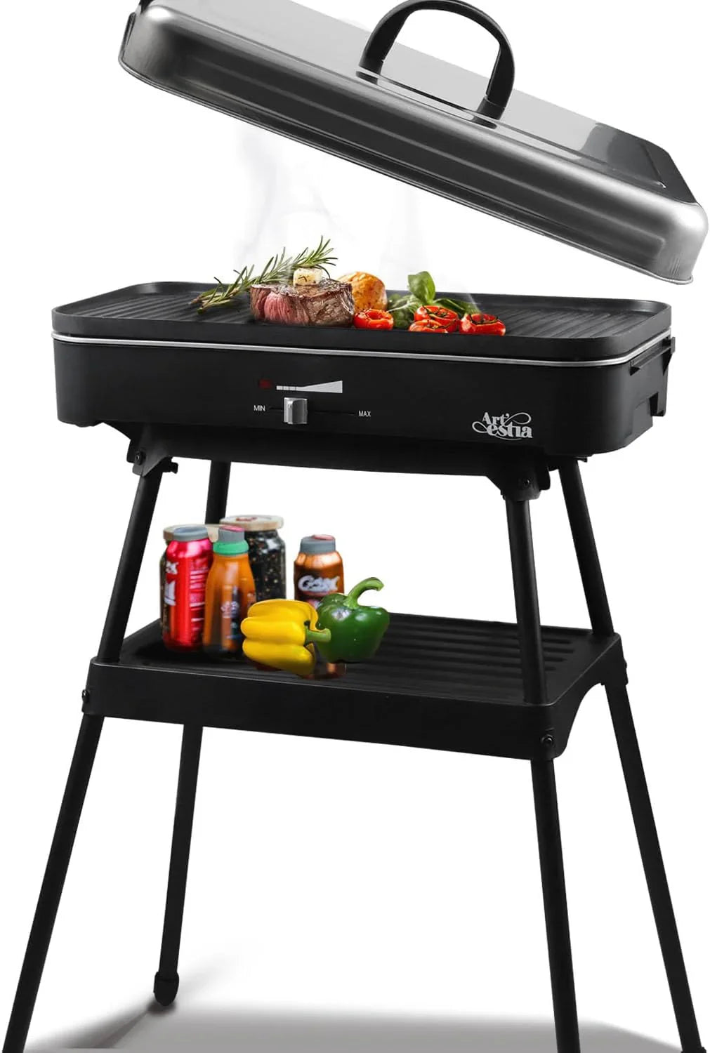 Artestia 1800W Electric Outdoor Grills With Lid Indoor Smokeless Grill For Balcony With Temperature Control Portable Removable Stand Grill For