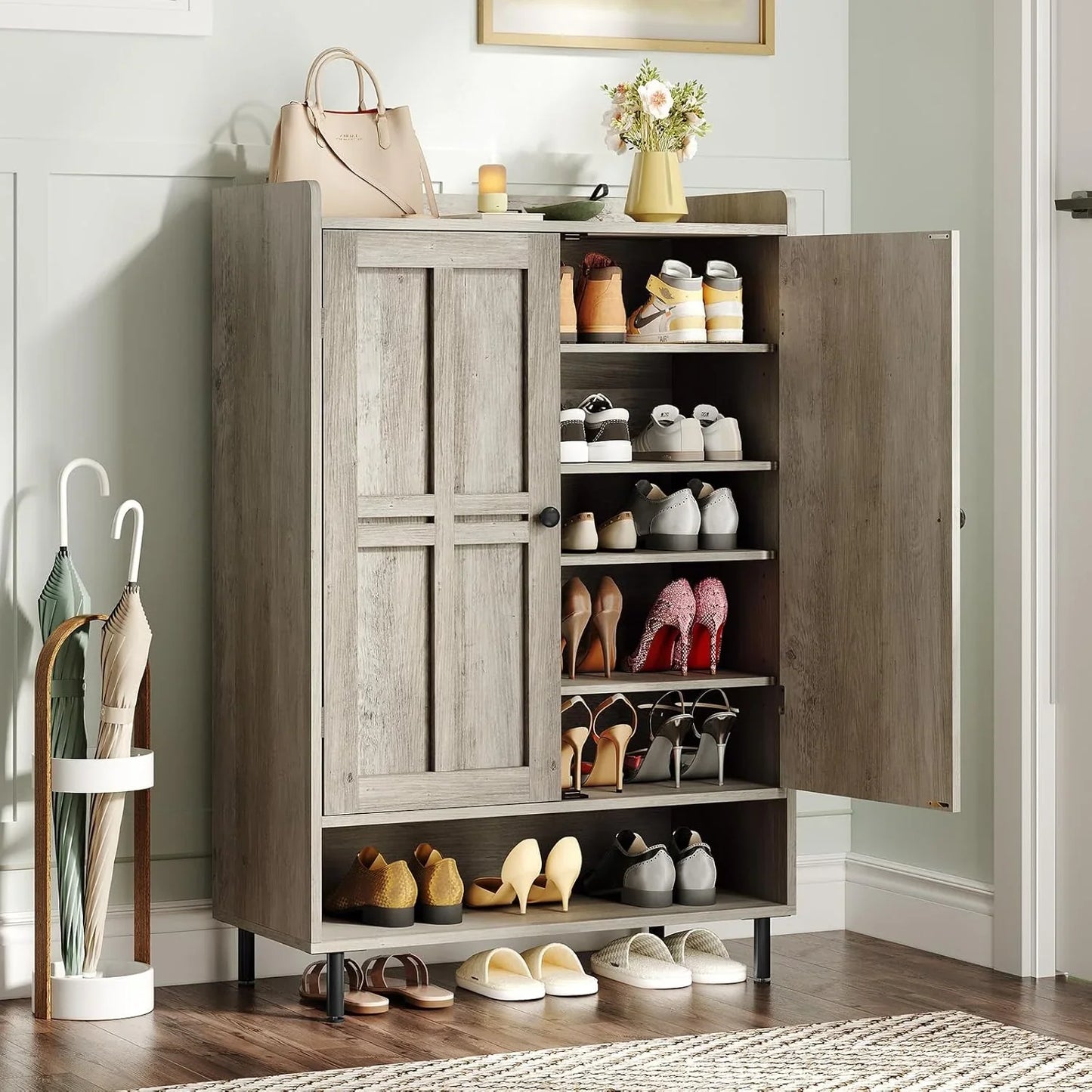 Onbrill Shoe Storage Cabinet With Cross Molding Doors, 6-Tier Farmhouse Shoe Cabinet
