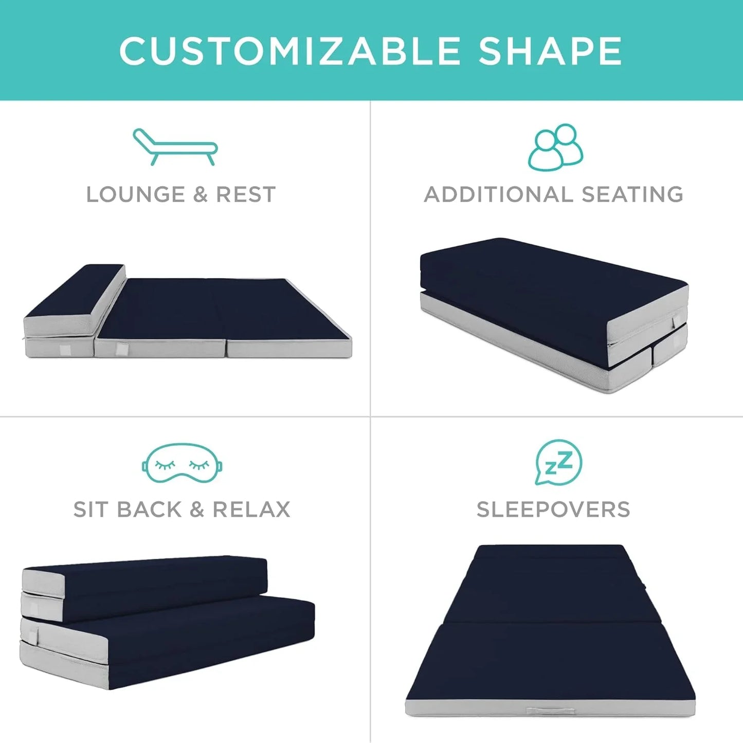 Best Choice Products 4 In. Portable Queen-Size Mattress, Tri-Fold Mattress For Camping, Guest, Toddler, Foam Plush w/Carry Case- Grey