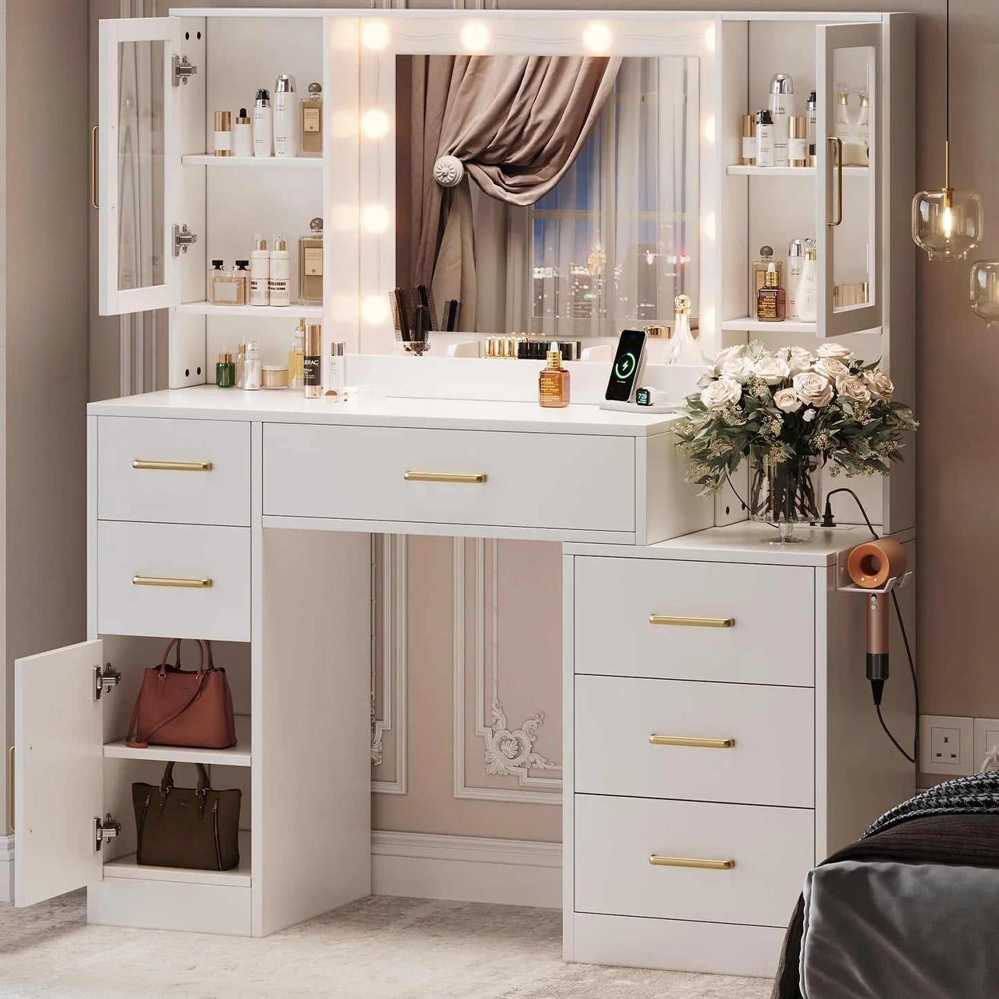 Black Vanity Desk With Mirror, Lights And Charging Station, 58.3 In. 3 Lighting Modes
