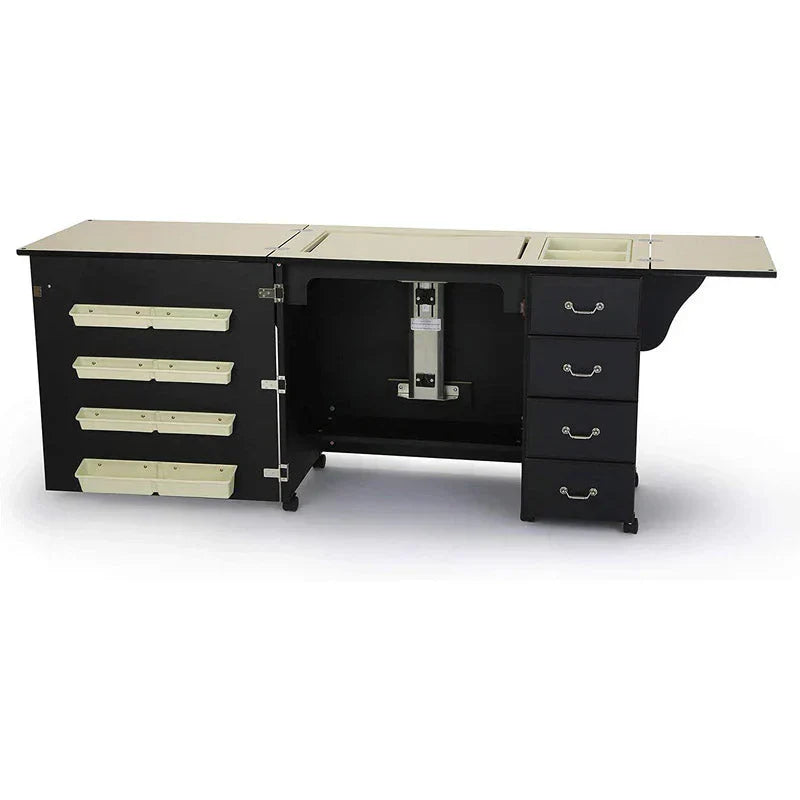 Sewing Cabinet For Sturdy Sewing, Cutting, Quilting, And Crafting With Storage And Airlift, Black Finish