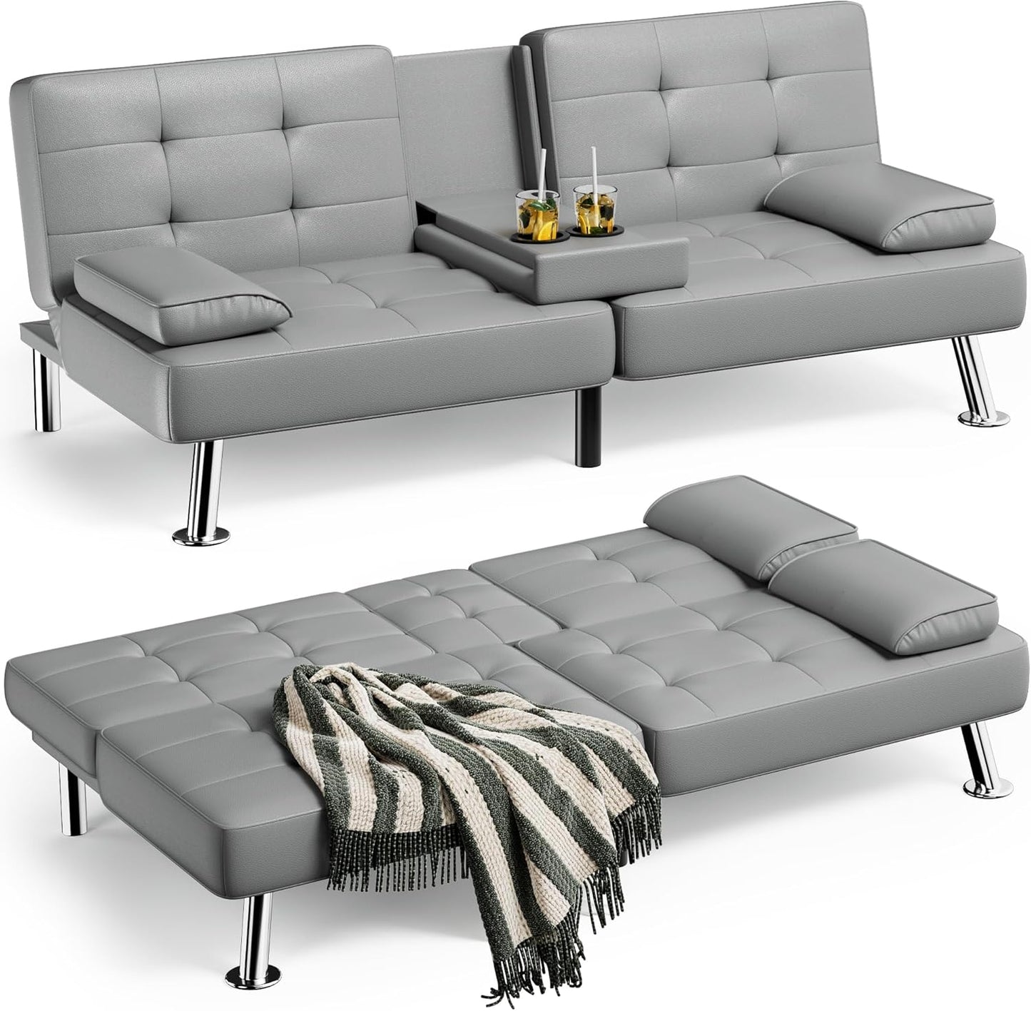 Homall Futon Sofa Bed, Leather Futon Couch With Removable Armrests, Adjustable Recliner Sleeper Sofa Bed With Dual Cup Holders For Living Room