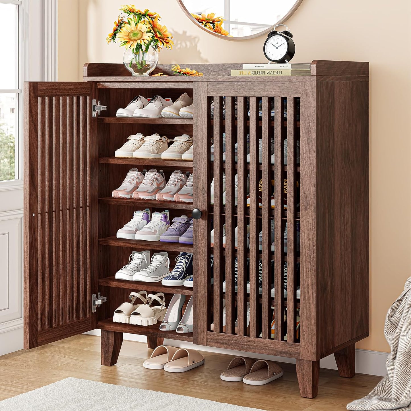 Ironck Shoe Cabinet With Slatted Doors, 6-Tier Shoe Storage Cabinet