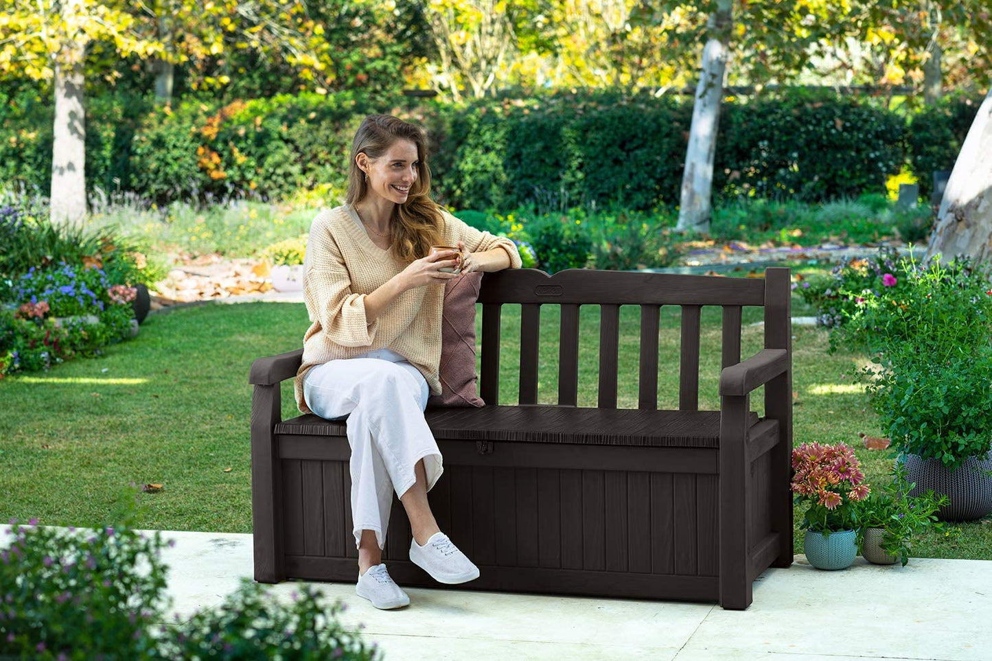 Keter Solana 70 Gallon Storage Bench Deck Box For Patio Furniture, Front Porch Decor And Outdoor Seating