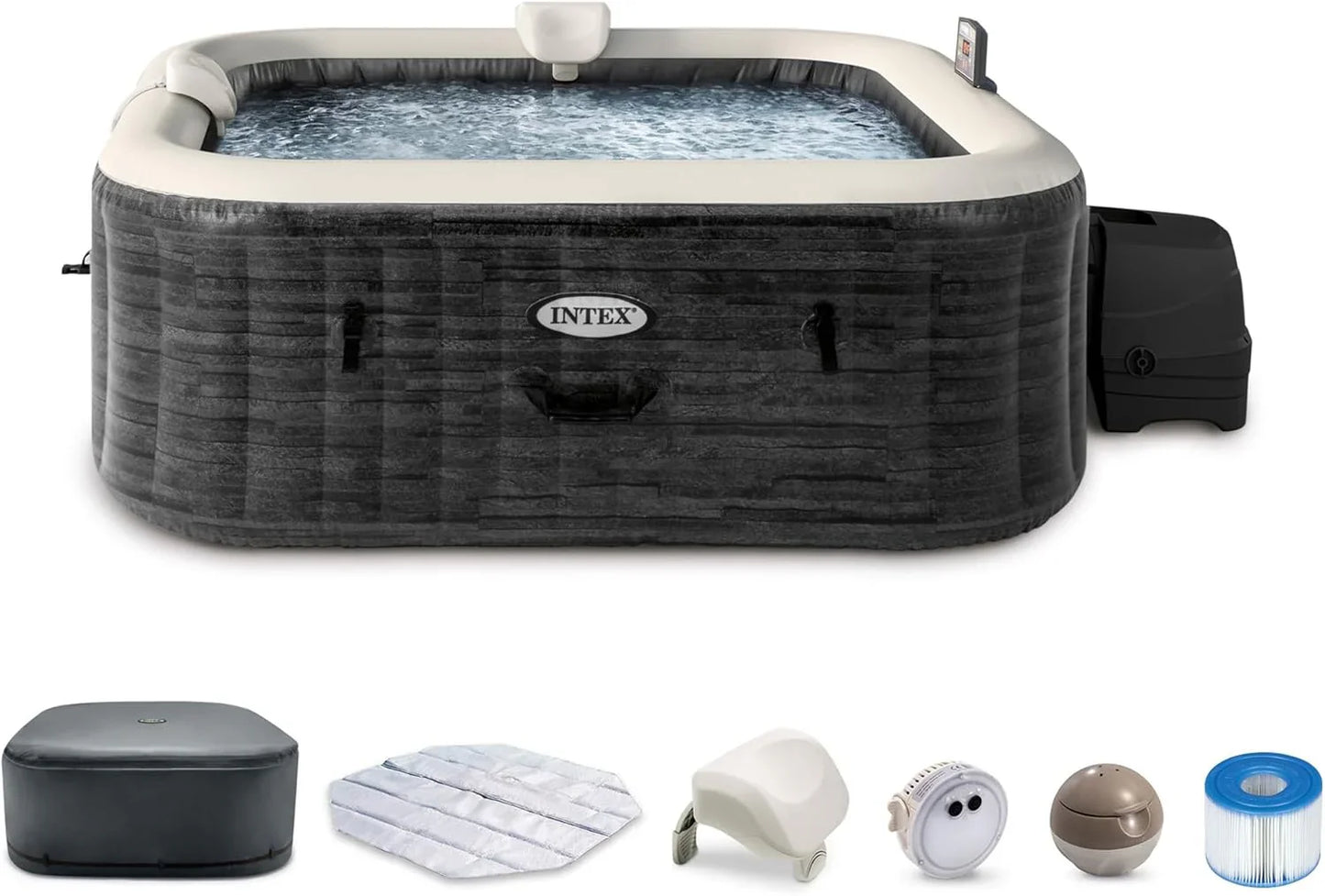 Intex PureSpa Greystone Deluxe 4 Person Square Inflatable Hot Tub, Bubble Massage Spa