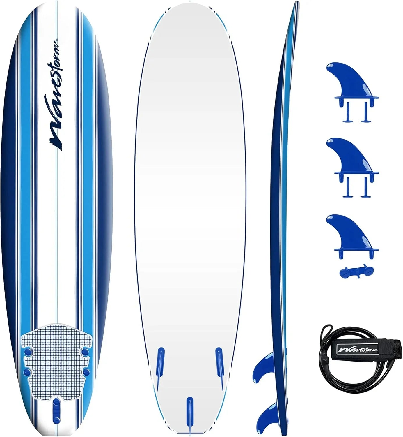 Wavestorm- Classic Soft Top Foam 7 Ft. Surfboard Surfboard For Beginners And All Surfing Levels Complete Set Includes Leash And Multiple Fins