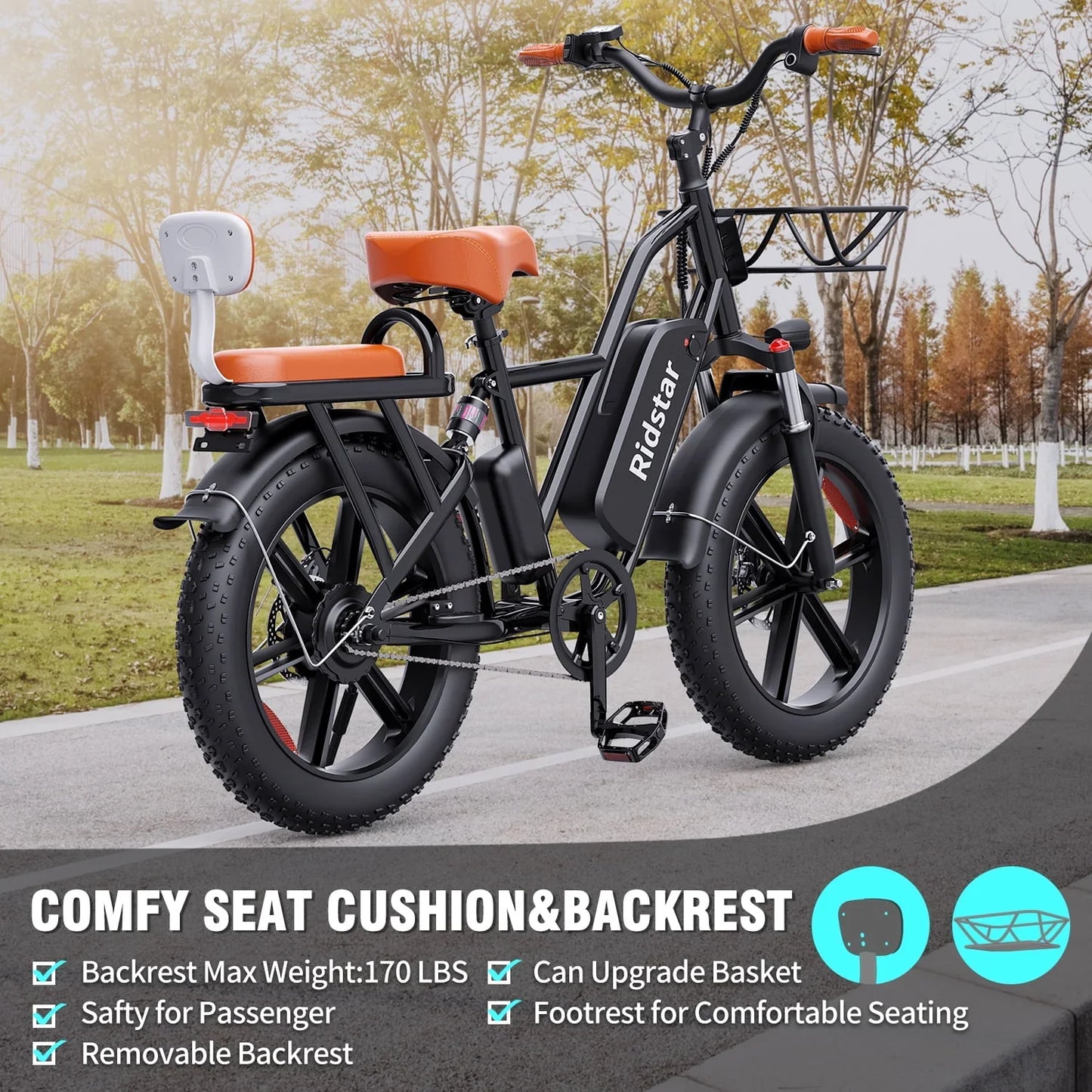 Electric Bike For Adults750W 30-70Miles 48V 15Ah Removable Battery Ebike 20 In. x 4.0 Fat Tire Beach Commuting E-Bike 2 Seater With Fork