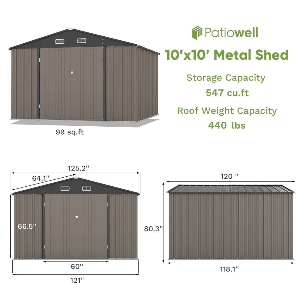 Patiowell 10 x 10 Ft. Metal Storage Shed, Sloping Roof, Double Lockable Doors, Galvanized Steel, Coffee Brown