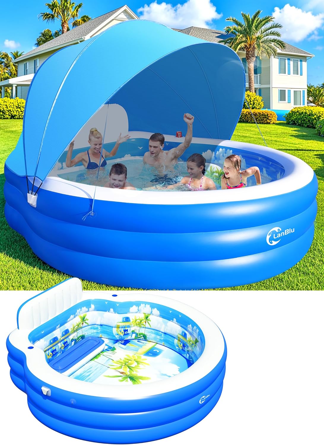 Upgraded Inflatable Pool With Canopy, Inflatable Family Lounge Pool, Round Blow Up Pool For Adult With Bench And Backrest
