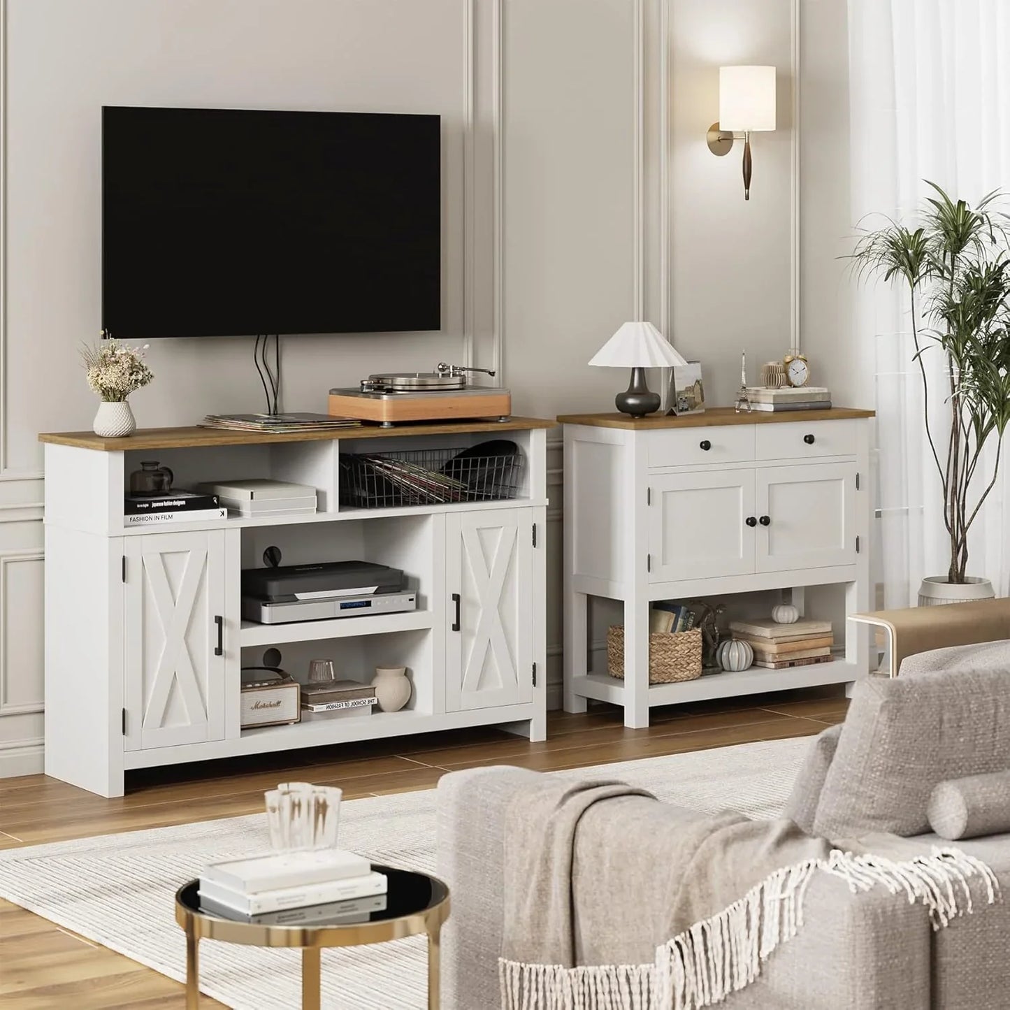 Hostack Farmhouse Console Table With 2-Door Cabinet And 2 Drawers, Coffee Bar, Entryway Table With Storage Shelf