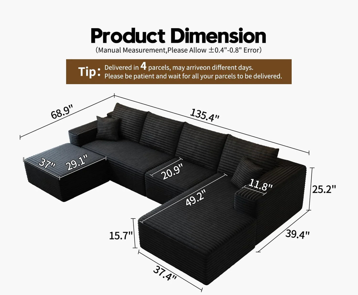 107.5 In. Cloud Modular Sectional Sofa Couch With L-Shape Chaise, Modern Minimalist Upholstered Couches For Living Room Bedroom