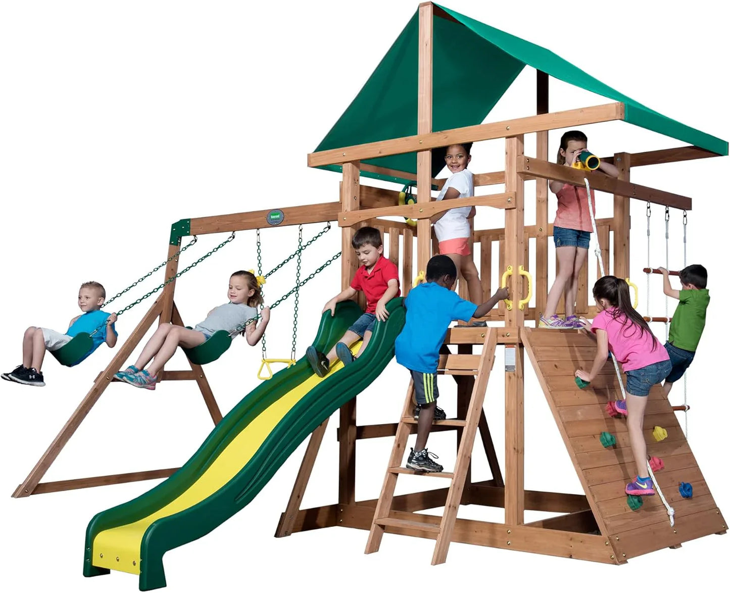 Backyard Discovery Mount Mckinley Cedar Wood Swing Set With Wave Slide, Play Deck, Double Rock Wall, Rope Ladder, Web Swing, Belt Swings
