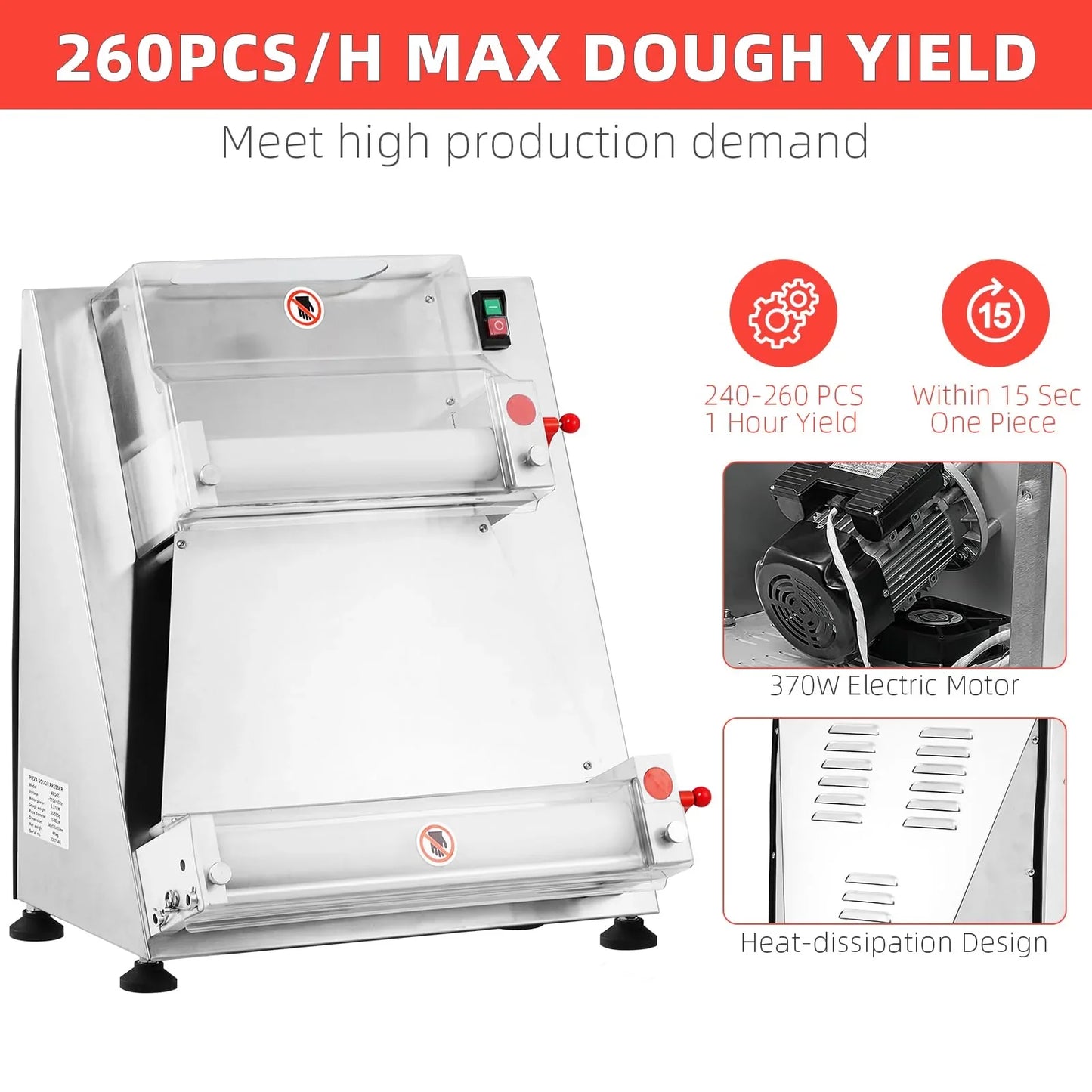 Commercial Pizza Dough Roller Sheeter, Max 16, Automatic 370W Electric Pizza Dough Roller, Stainless Steel, Suitable For Noodle