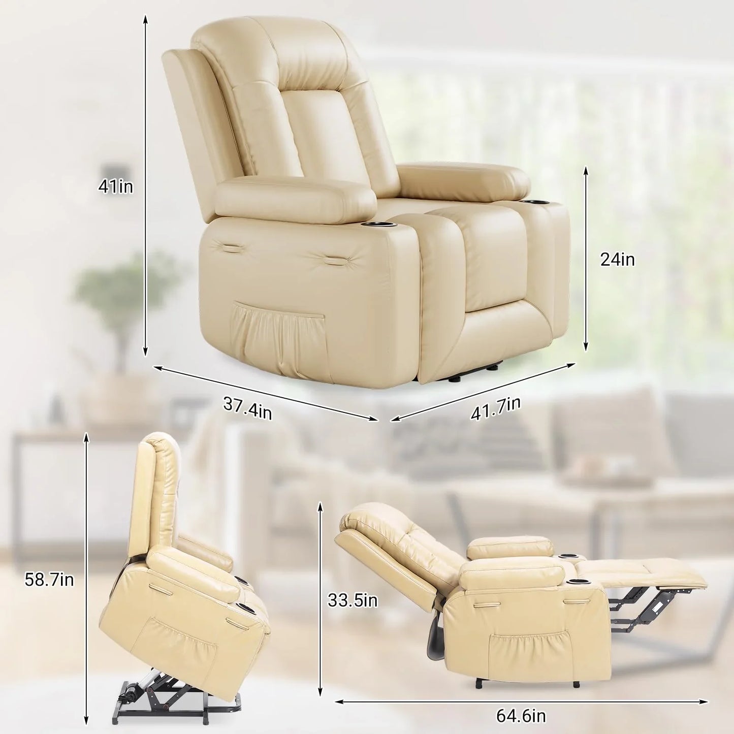 PU Leather Power Lift Recliner Chair With Massage And Heat, Adjustable Furniture For Back, Legs W/3 Positions, USB Port, Side Pocket, Beige