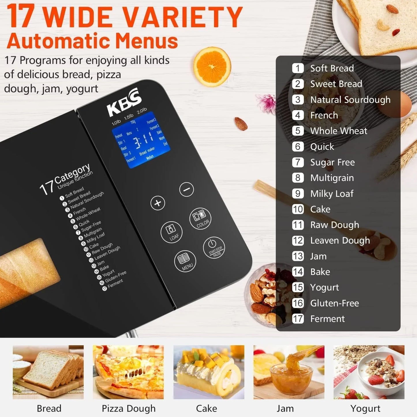 Kbs 17-in-1 Stainless Steel Bread Machine With Dual Heaters