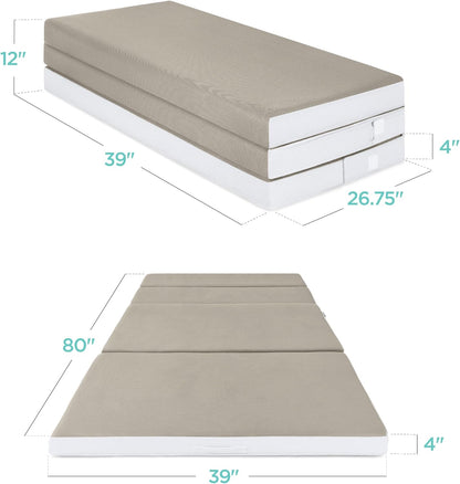 Best Choice Products 4 In. Portable Queen-Size Mattress, Tri-Fold Mattress For Camping, Guest, Toddler, Foam Plush w/Carry Case- Grey