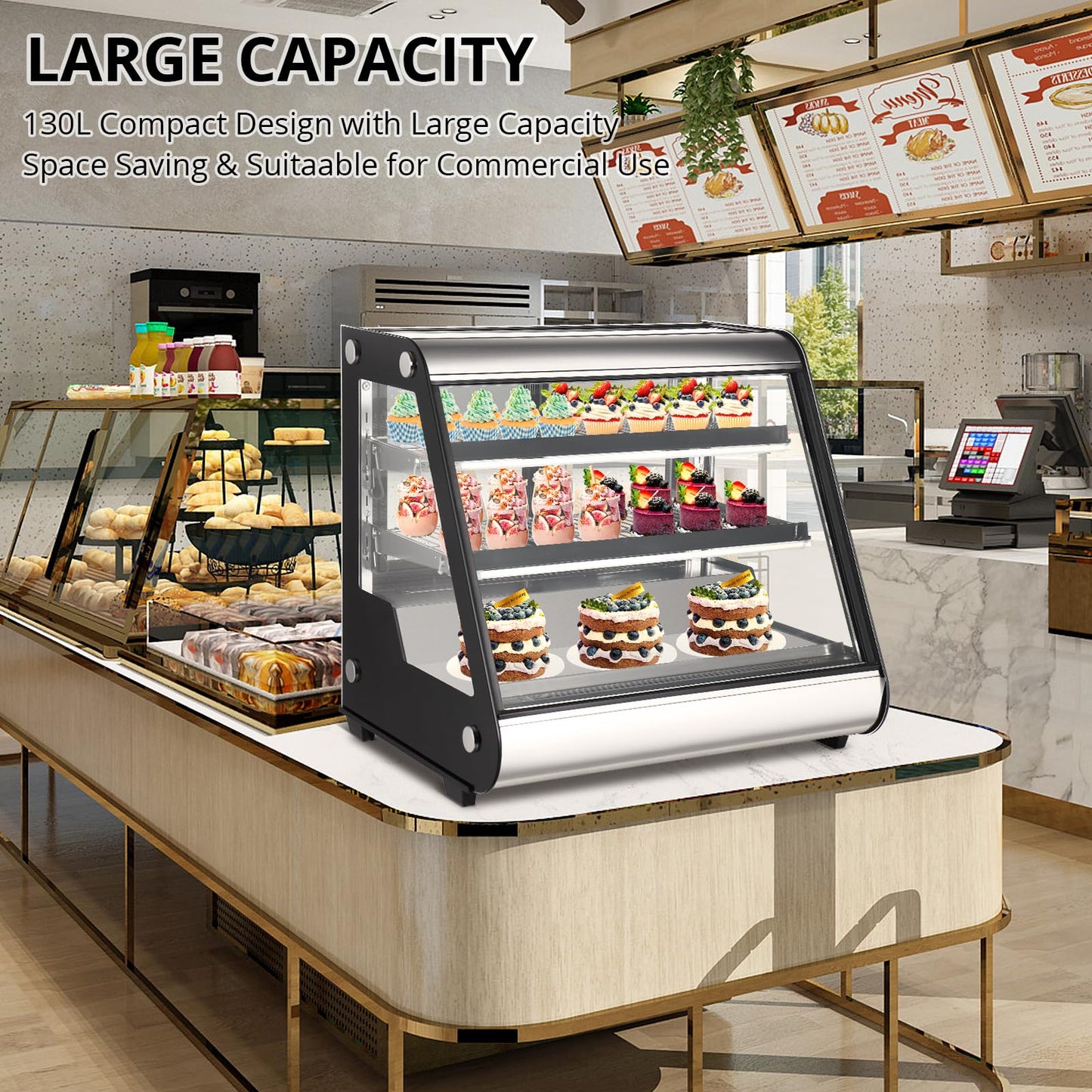 Commercial Refrigerator Display Case 130L, 4.6 Cu. Ft., Auto Defrost, Tempered Glass Plus LED Lighting, Countertop Commercial Use