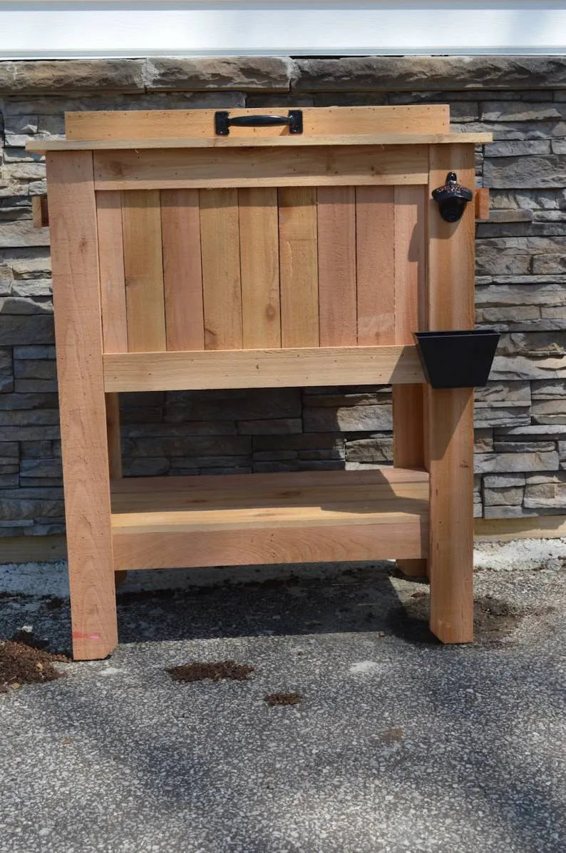 All Weather 48 Quart Antiqued Cedar Cooler Stand With Brass Drain, Bottle Opener And Cap Catcher, Beer Cooler