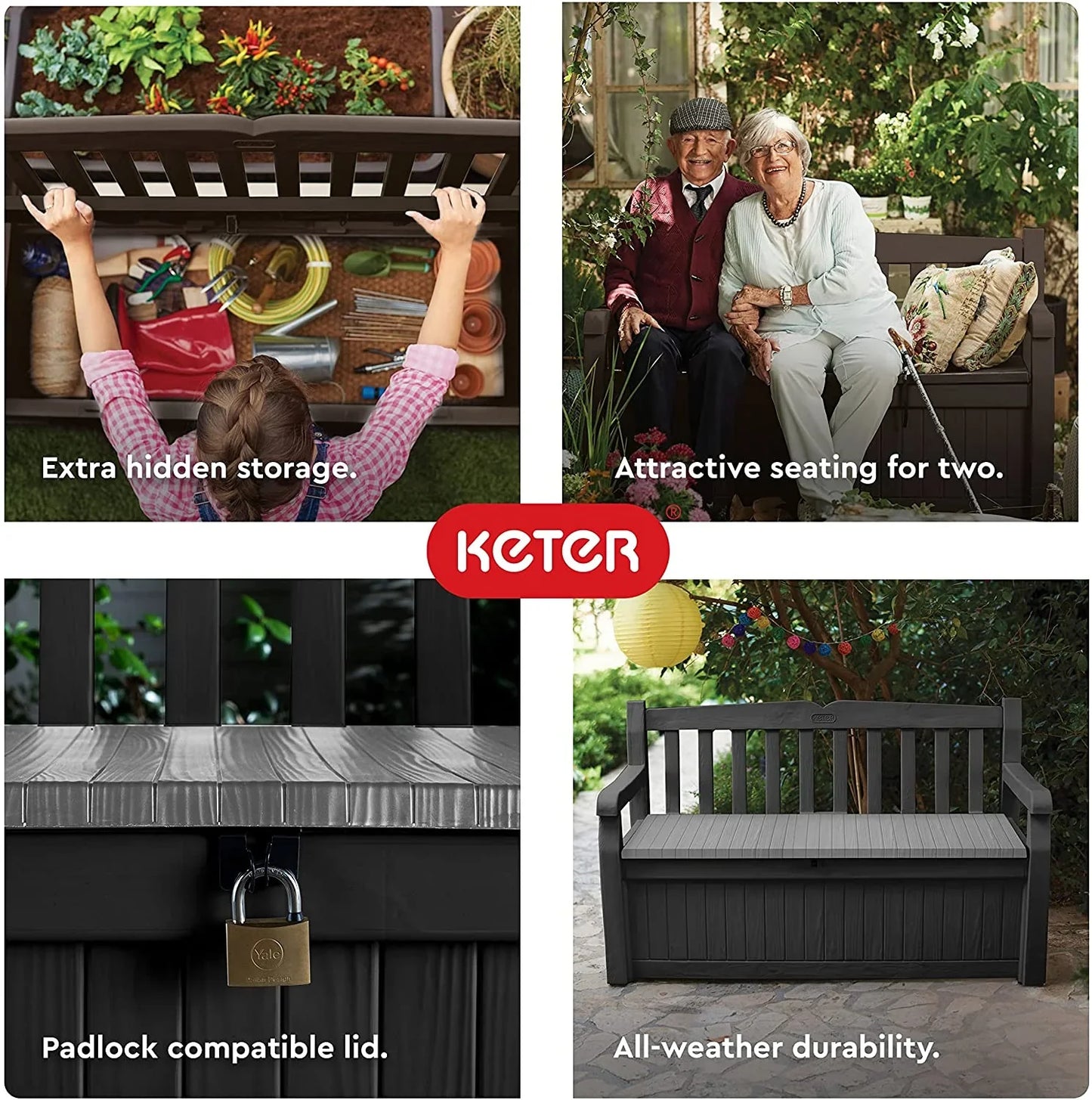 Keter Solana 70 Gallon Storage Bench Deck Box For Patio Furniture, Front Porch Decor And Outdoor Seating