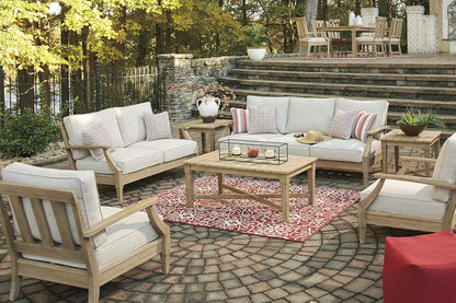 Signature Design By Ashley Clare View Coastal Outdoor Patio Eucalyptus Sofa With Cushions, Beige