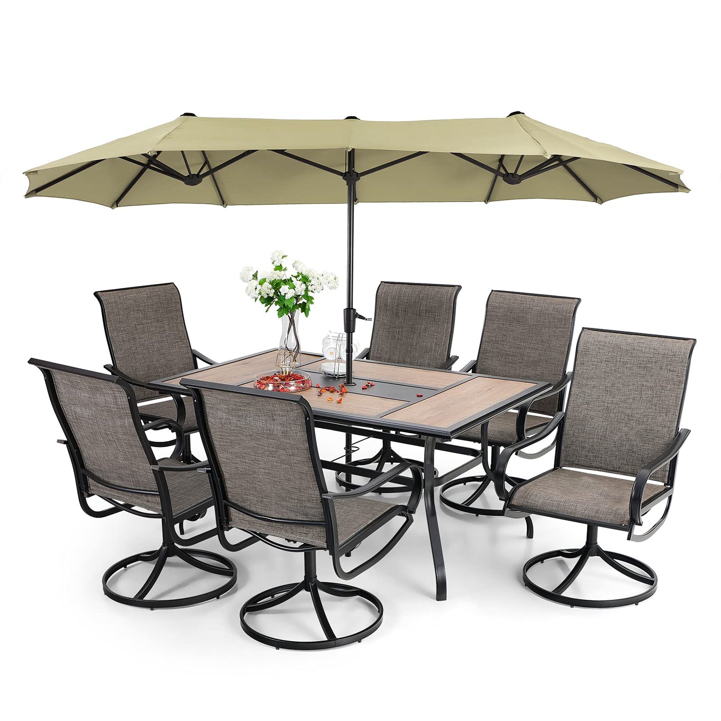8 Pieces Patio Dining Set With Umbrella, Outdoor Furniture Set With 6 Sling Dining Swivel Chairs