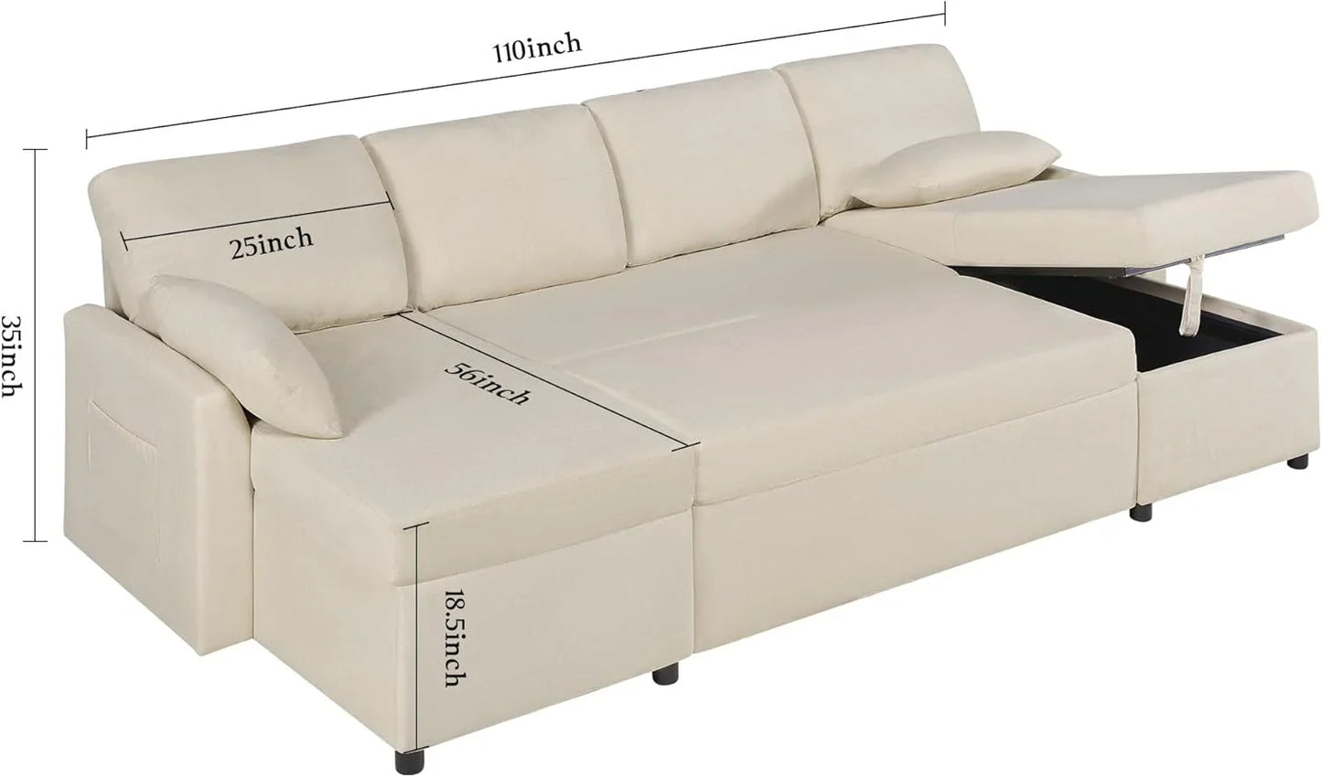 VanAcc Sofa Bed, Sleeper Sofa With Storage Chaise 2-in-1 Pull Out Couch Living Room