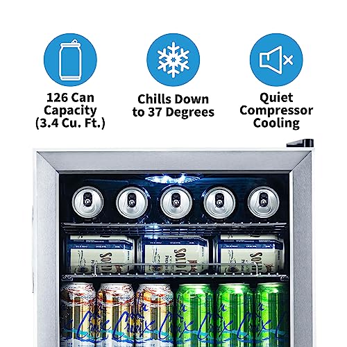 Beverage Refrigerator Cooler, 126 Cans Free Standing With Right Hinge Glass Door