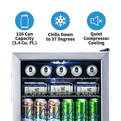 Beverage Refrigerator Cooler, 126 Cans Free Standing With Right Hinge Glass Door