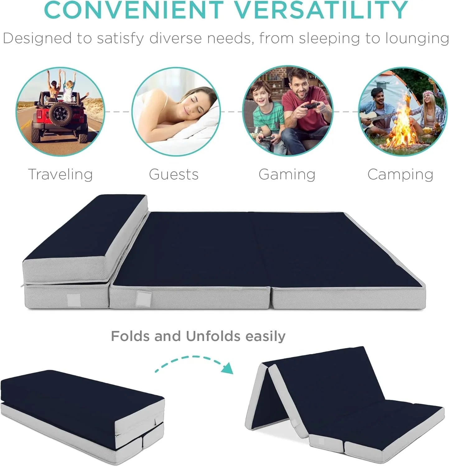 Best Choice Products 4 In. Portable Queen-Size Mattress, Tri-Fold Mattress For Camping, Guest, Toddler, Foam Plush w/Carry Case- Grey
