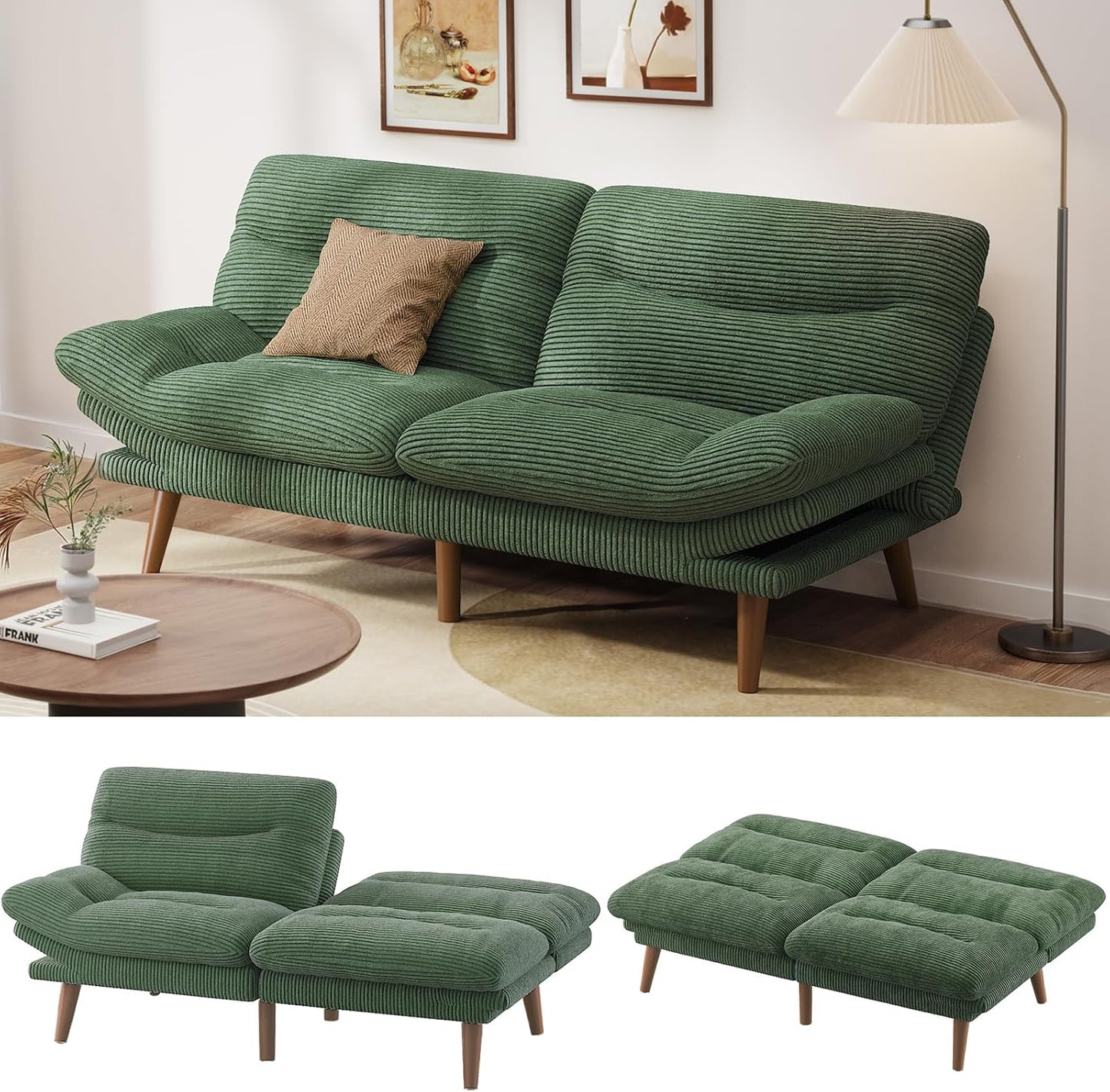 Pipishell Convertible Futon Sofa Bed, 66 In. Corduroy Futon Couch With Adjustable Backrest And Armrests, Recliner Sleeper Sofa For Small Spaces