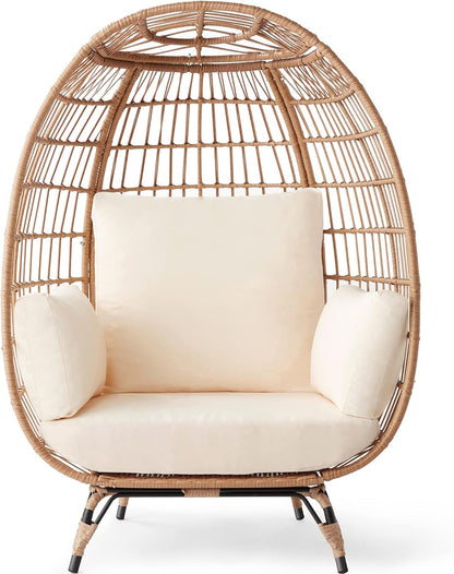 Best Choice Products Wicker Egg Chair Oversized Indoor Outdoor Lounger For Patio Backyard Living Room W/4 Cushions Steel Frame 440lb Capacity- Ivory