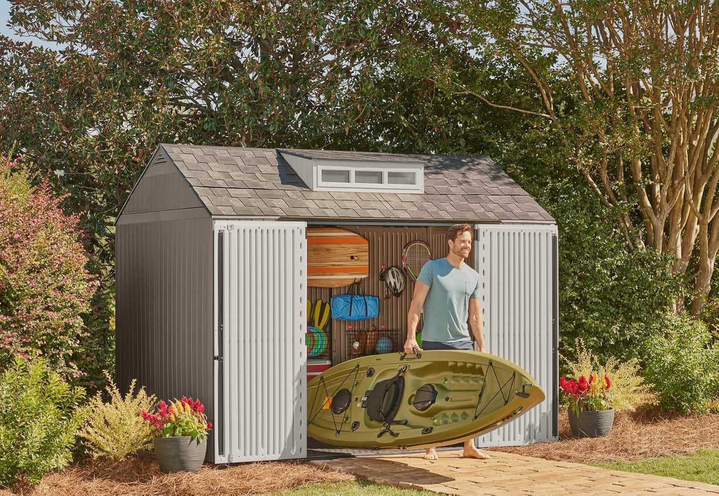 Rubbermaid Resin Outdoor Storage Shed With Floor Weather Resistant Gray Organization For Home