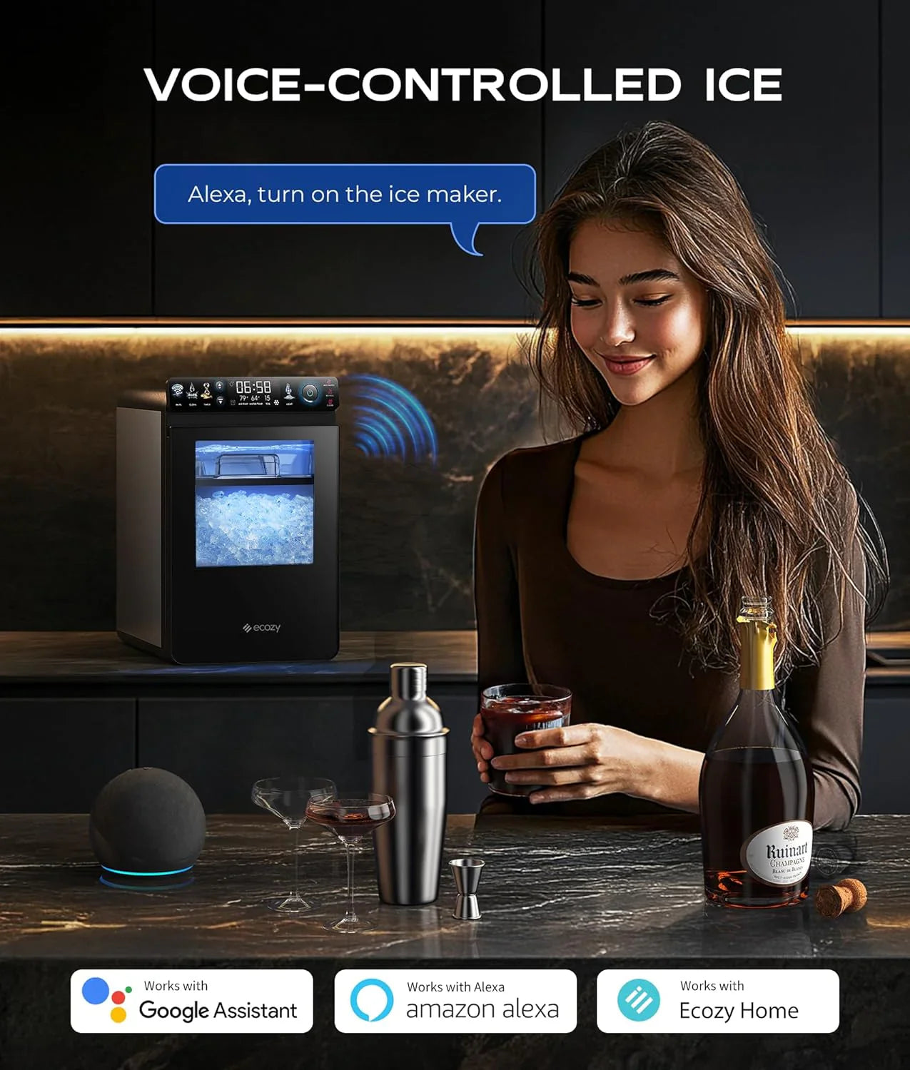 Nugget Ice Maker Countertop, Smart Pebble Ice Machine With App Control, 44 lbs/24H Soft Pellet Chewable Ice With Self-Cleaning, Stainless Steel