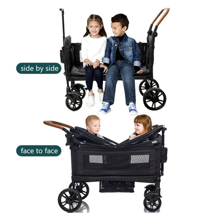Wagon Stroller For 2 Kids And Cargo-Travel Stroller Push-Pull Double Wagon Lightweight Folding Stroller For Newborn And Toddler With 5-Point